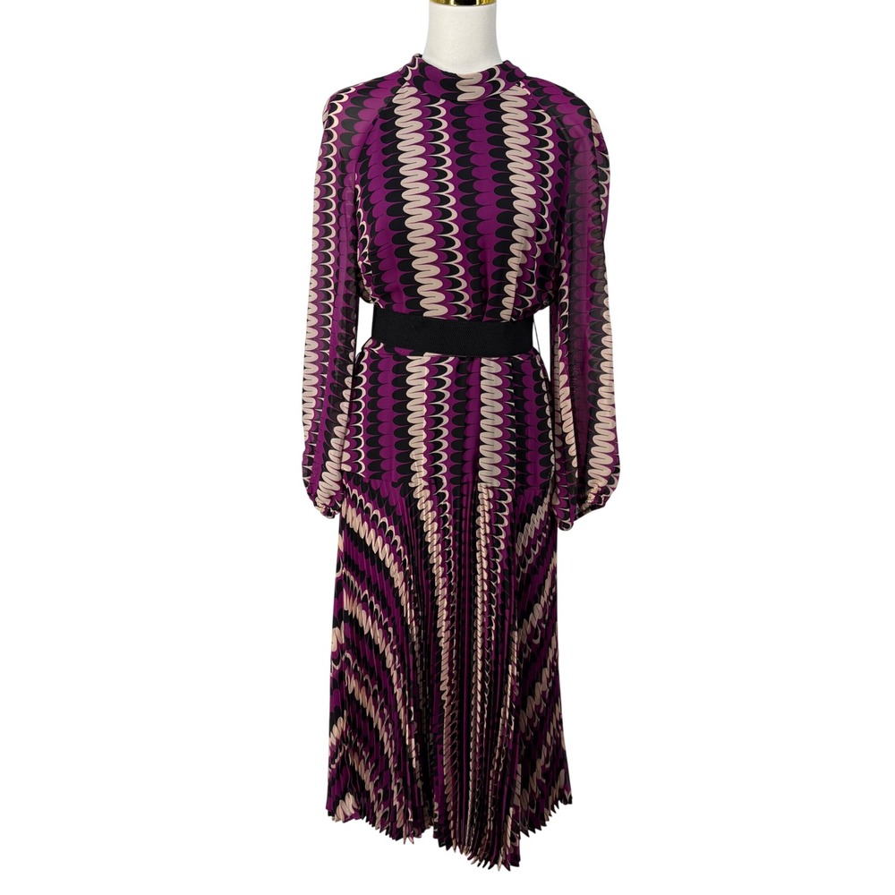 Maison Tara Wavy Geometric Pleated Midi Dress‎ Size 14 Drop Waist Mulberry Black